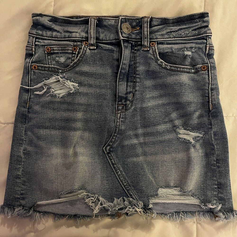 American Eagle Denim Skirt Womens 00 Mini High Rise Distressed Stretch Y2K